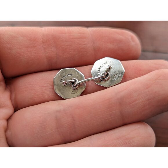 Vintage Art Deco Sterling silver and mother of pearl cufflinks and shirt studs, - Picture 5 of 8